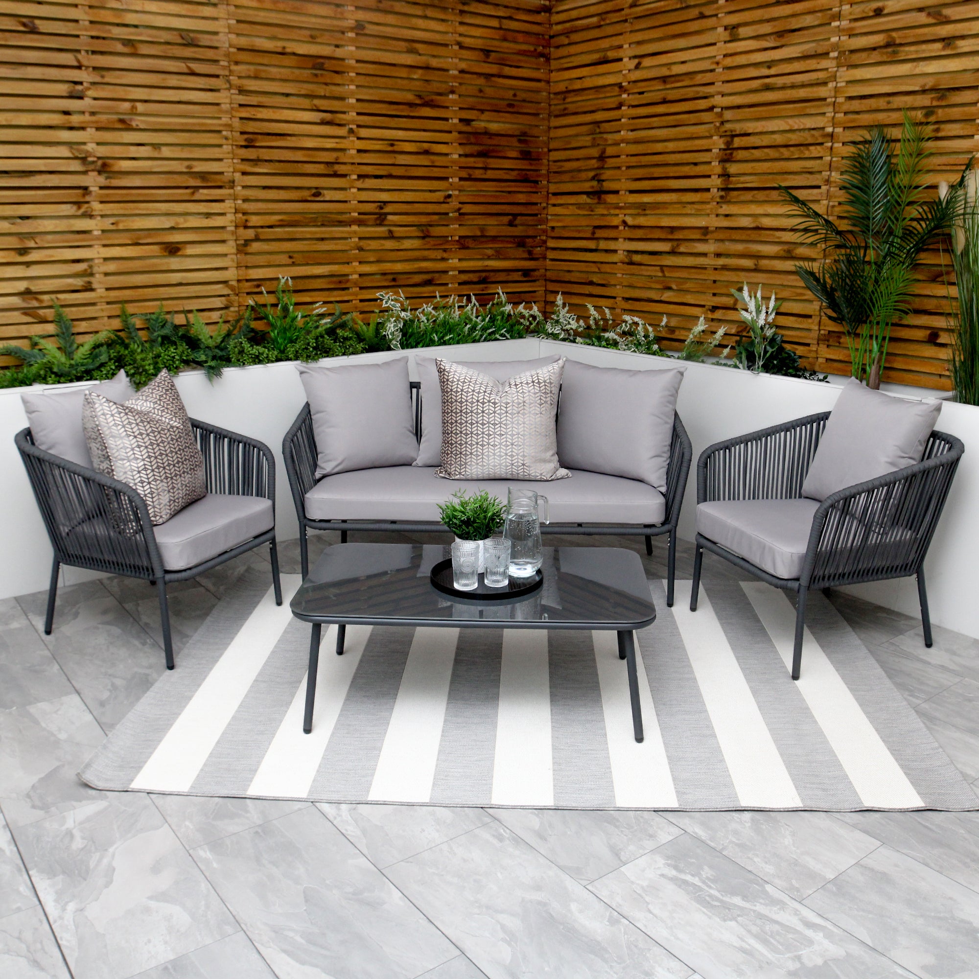 Turin Grey 5 Seater Weave Rope Aluminium Frame Sofa and Coffee Table Set